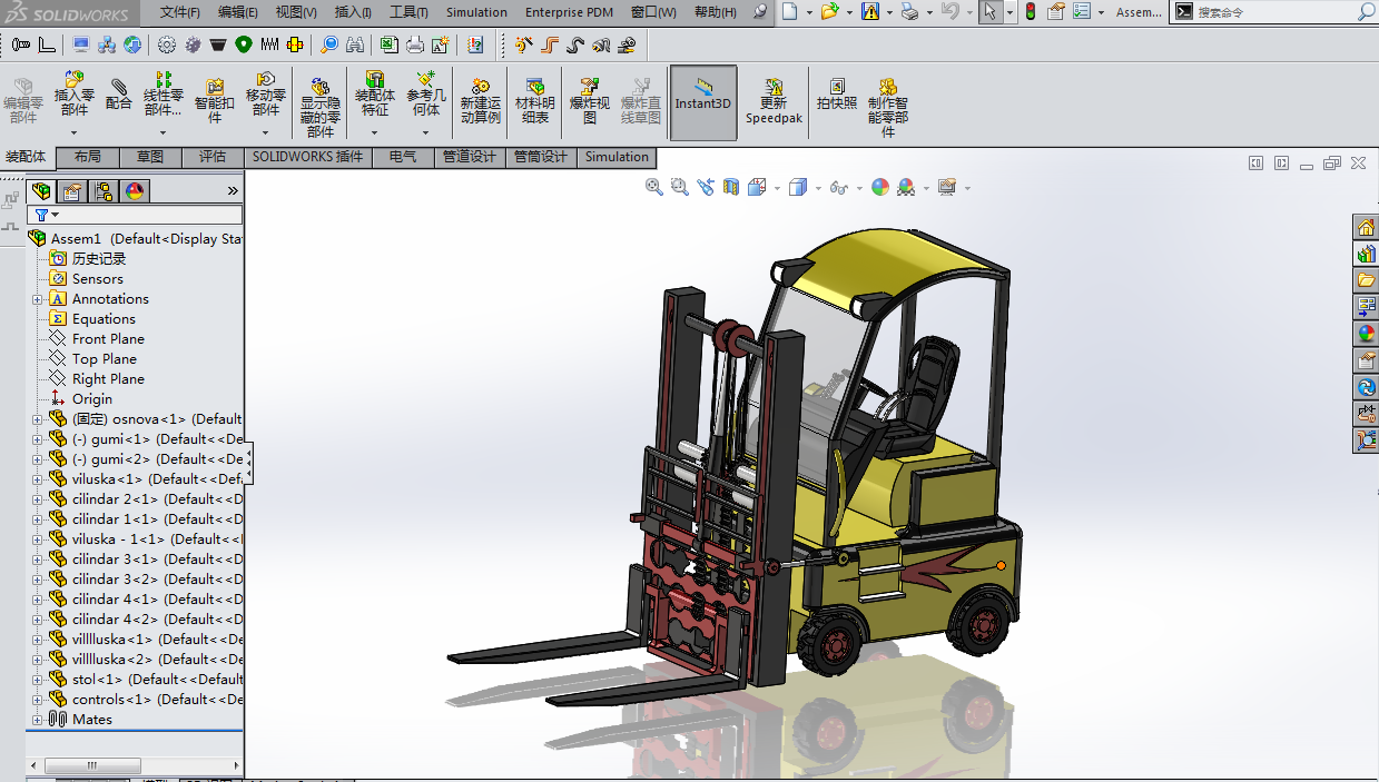  SolidWorks中完成3D建模的叉车模型